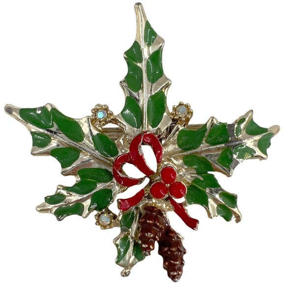 Unbranded Jewelry - Vintage‎ Christmas Holly Pinecone Enamel Brooch Gold Red Green AB Pin
